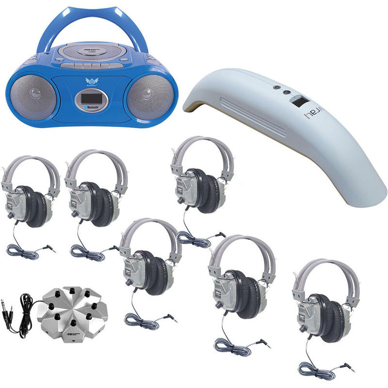HamiltonBuhl 6-Person HygenX Listening Center with AudioAce Bluetooth Media Player, 6 Over-Ear Headphones & HygenX Vray Sanitizer