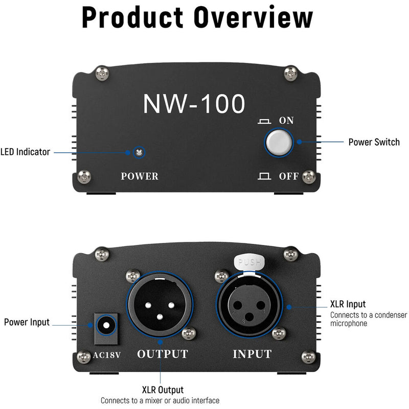 Neewer 48V Phantom Power Supply with 3-Pin XLR Audio Cable