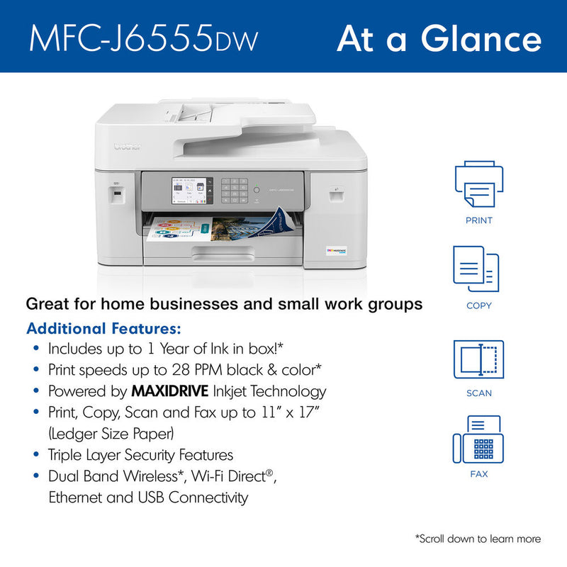 Brother MFC-J6555DW INKvestment Tank All-in-One Color Inkjet Printer