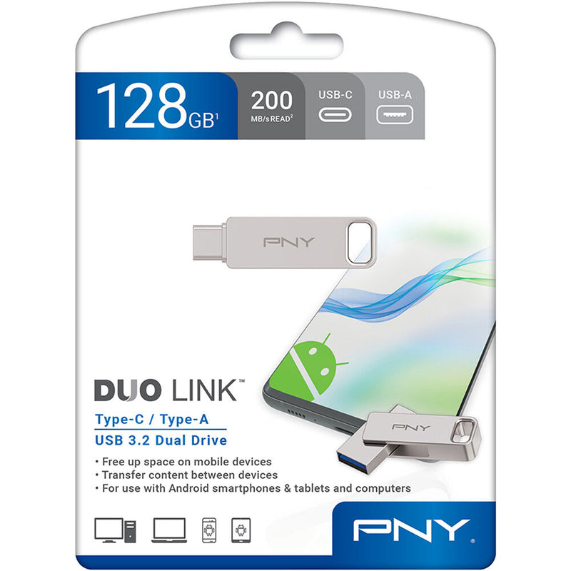 PNY 128GB DUO LINK USB-A and C 3.2 Gen 1 Flash Drive (Silver)