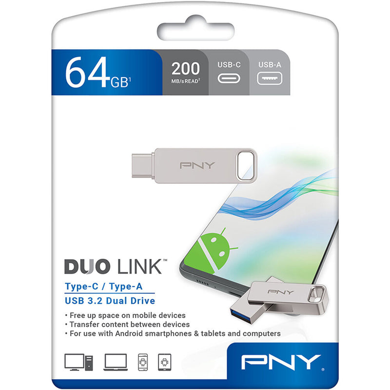 PNY 64GB DUO LINK USB-A and C 3.2 Gen 1 Flash Drive (Silver)