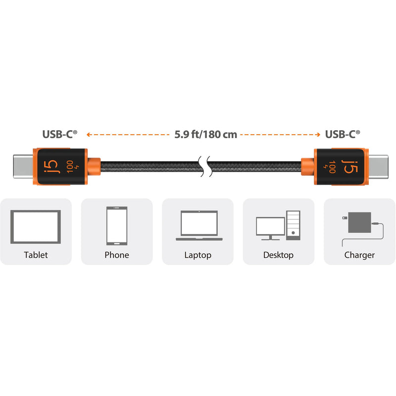 j5create USB-C 100W Sync & Charge Cable (6')