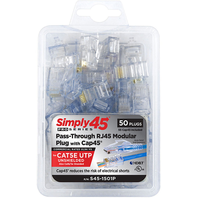 Simply45 Cat 5e Unshielded RJ45 Pass-Through Modular Plug (50-Piece Clamshell Package)