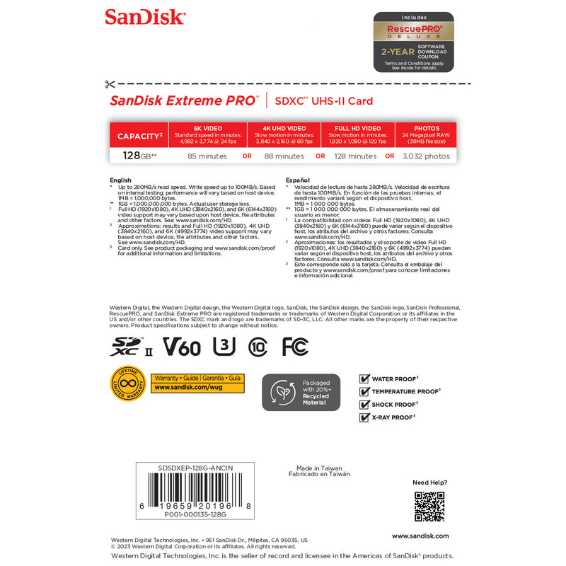 SanDisk 128GB Extreme PRO UHS-II SDXC Memory Card