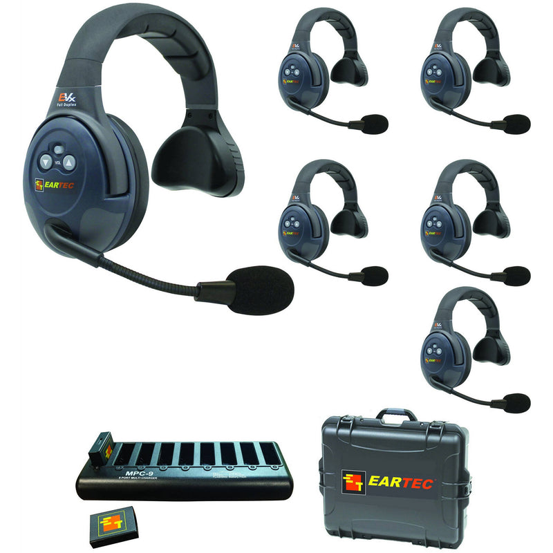 Eartec EVADE EVX6S Light-Industrial Full-Duplex Wireless Intercom System with 6 Single-Ear Headsets (2.4 GHz)