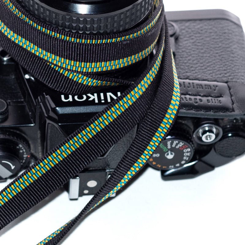 ObiJimmy Minami Pure Silk Camera Strap (Black with Blue/Yellow Stripes, 47.2")