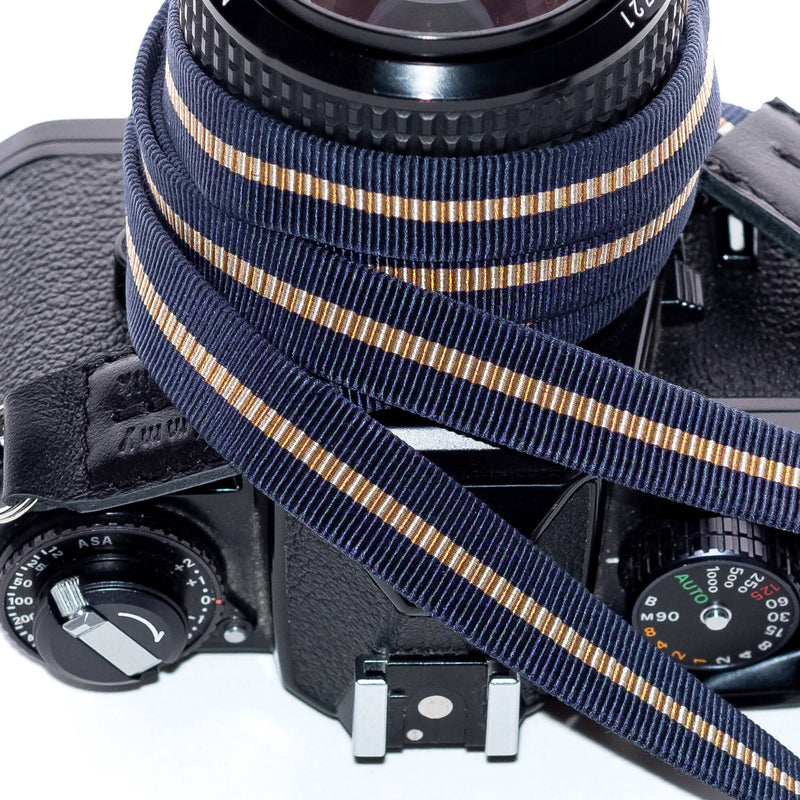 ObiJimmy Yoyogi Pure Silk Camera Strap (Navy with Tan Stripe, 47.2")