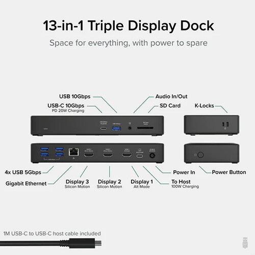 Plugable 13-in-1 USB-C Multi-Adapter Laptop Docking Station with Triple HDMI Output