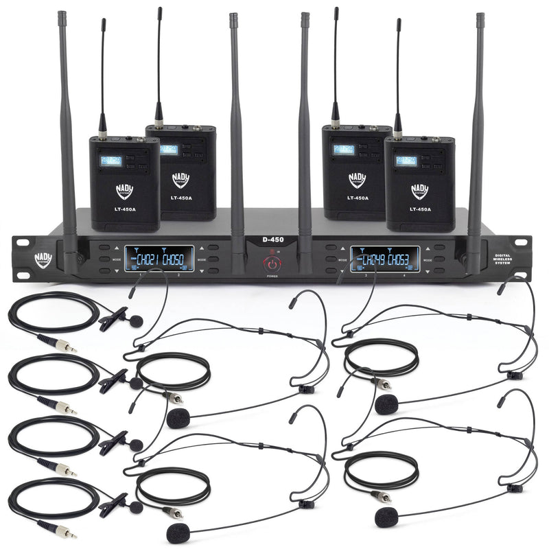 Nady D-450-LT-HM10 Four-Person Digital Wireless System with Black Lavalier & Black Headset Mics (515 to 598 MHz)
