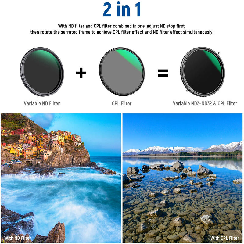 Neewer 2-in-1 Variable ND2-ND32 & CPL Filter (67mm, 1 to 5-Stop)