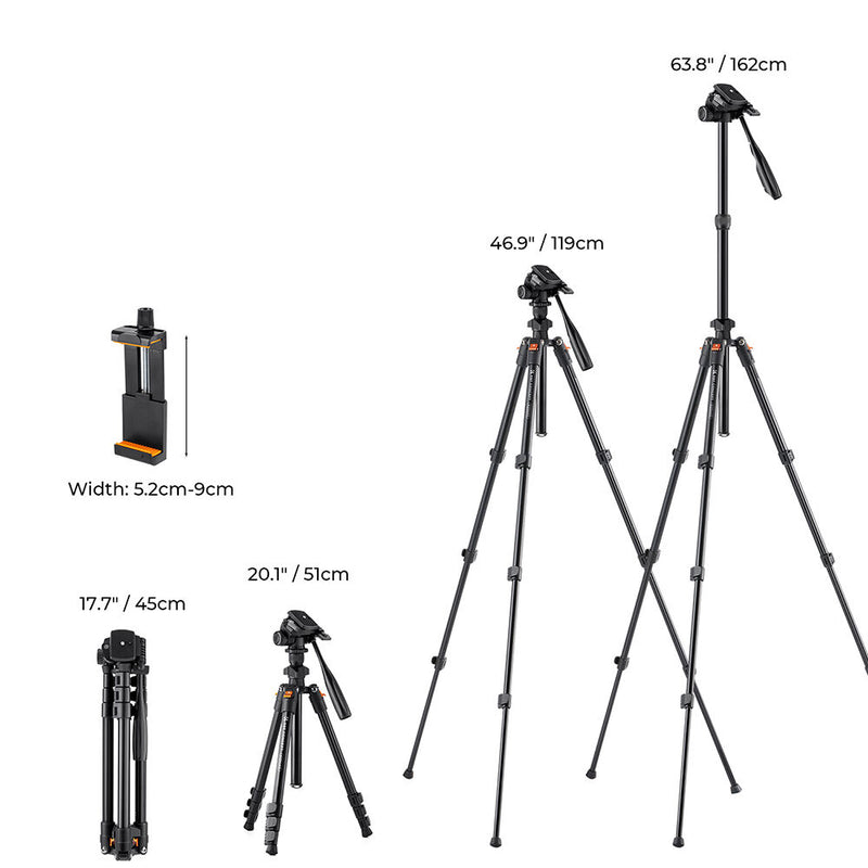 K&F Concept KF09.115 Lightweight Video Travel Tripod with Smartphone Clamp