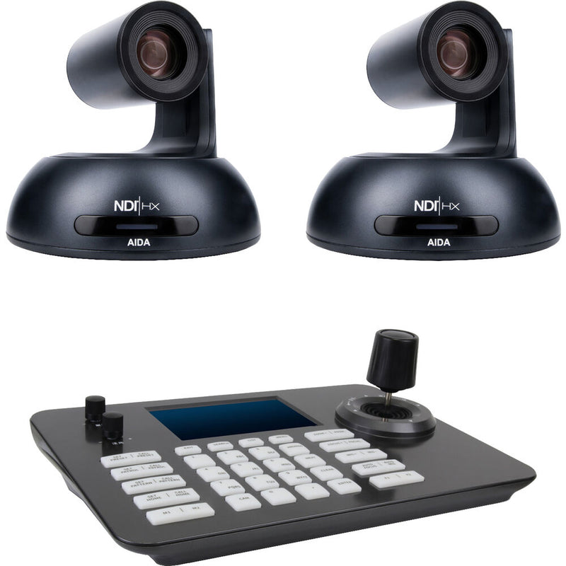 AIDA Imaging 2 x HD NDI HX PTZ Cameras with 18x Zoom + PTZ View IP Controller Bundle