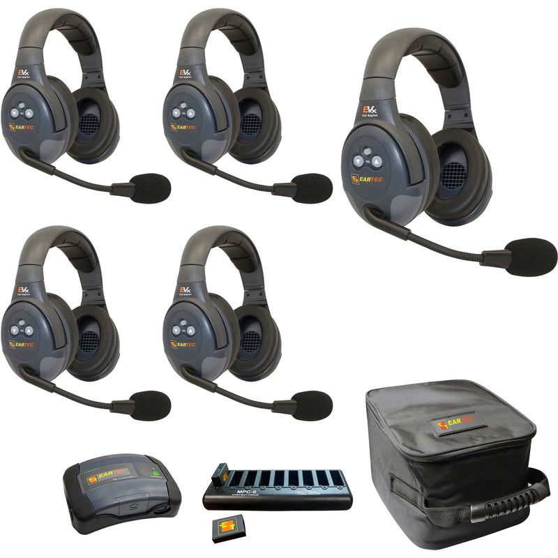 Eartec EVADE EVX5D-CM Dual-Channel Light-Industrial Full-Duplex Wireless Intercom System with 5 Dual-Ear Headsets (2.4 GHz)