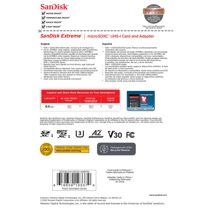 SanDisk 64GB Extreme UHS-I microSDXC Memory Card with SD Adapter