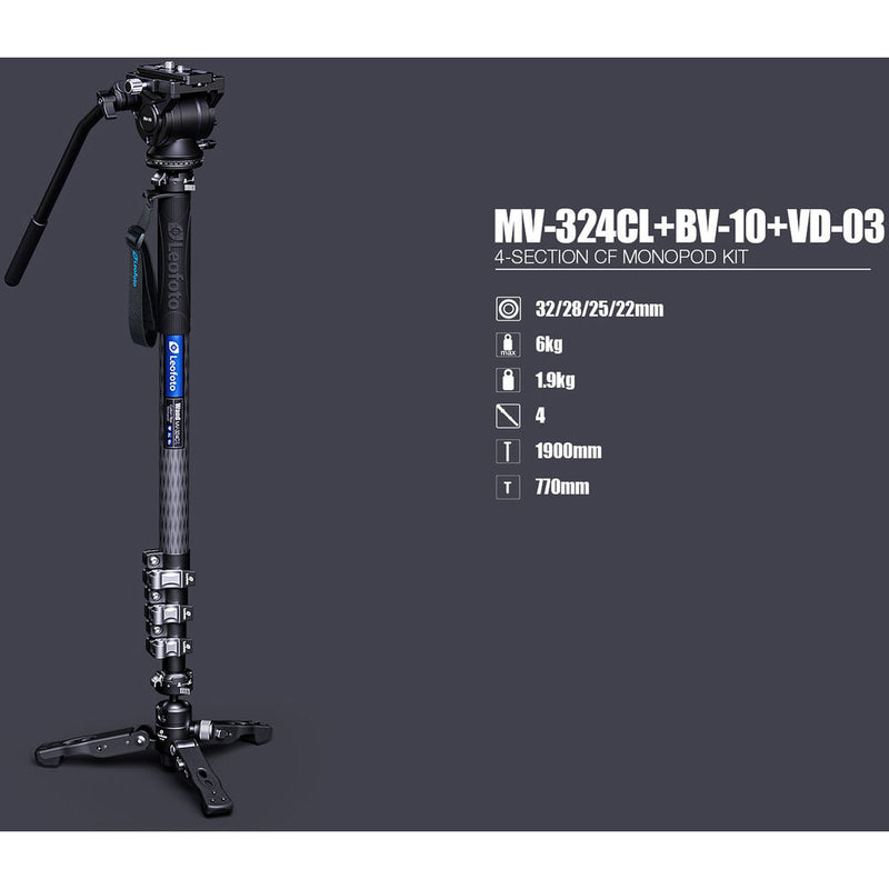 Leofoto MV-324CL Carbon Fiber Monopod with BV-10 Fluid Video Head
