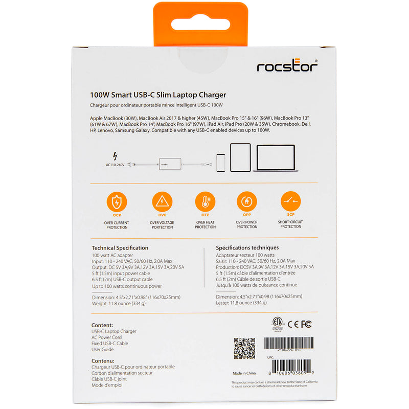 Rocstor 100W Smart USB-C Slim Power Adapter