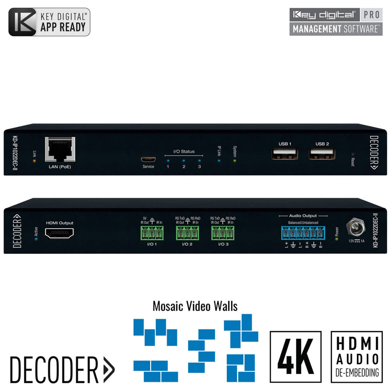 Key Digital KD-IP1022DEC-II 4K AV-over-IP Decoder with KVM/USB & Audio De-Embedding