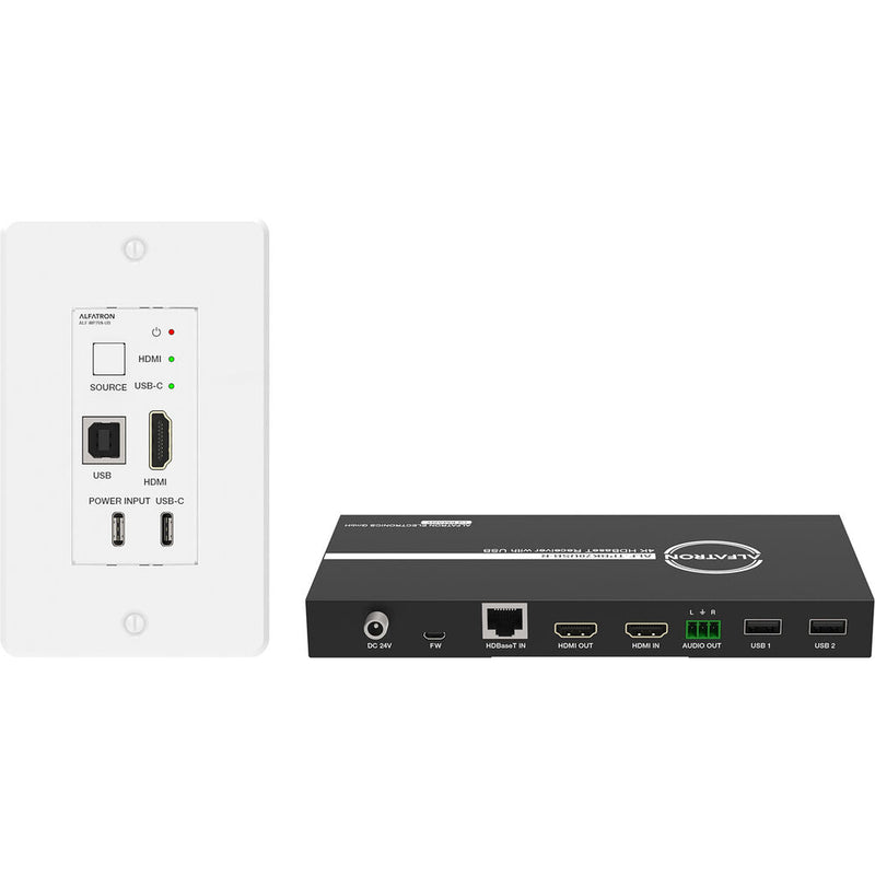 Alfatron 2 x 1 Switcher and HDBaseT Wall Plate Transmitter Kit with HDMI and USB-C Input (230')