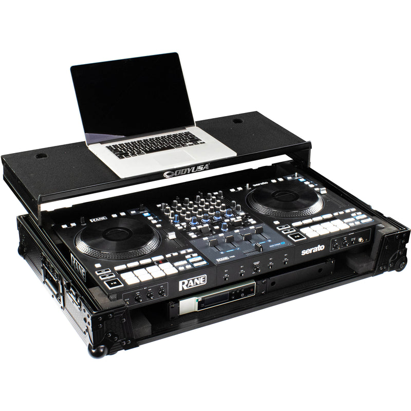 Odyssey I-Board Flight Case with Glide Style Laptop Platform and Wheels for Rane Four (All Black, 1 RU)