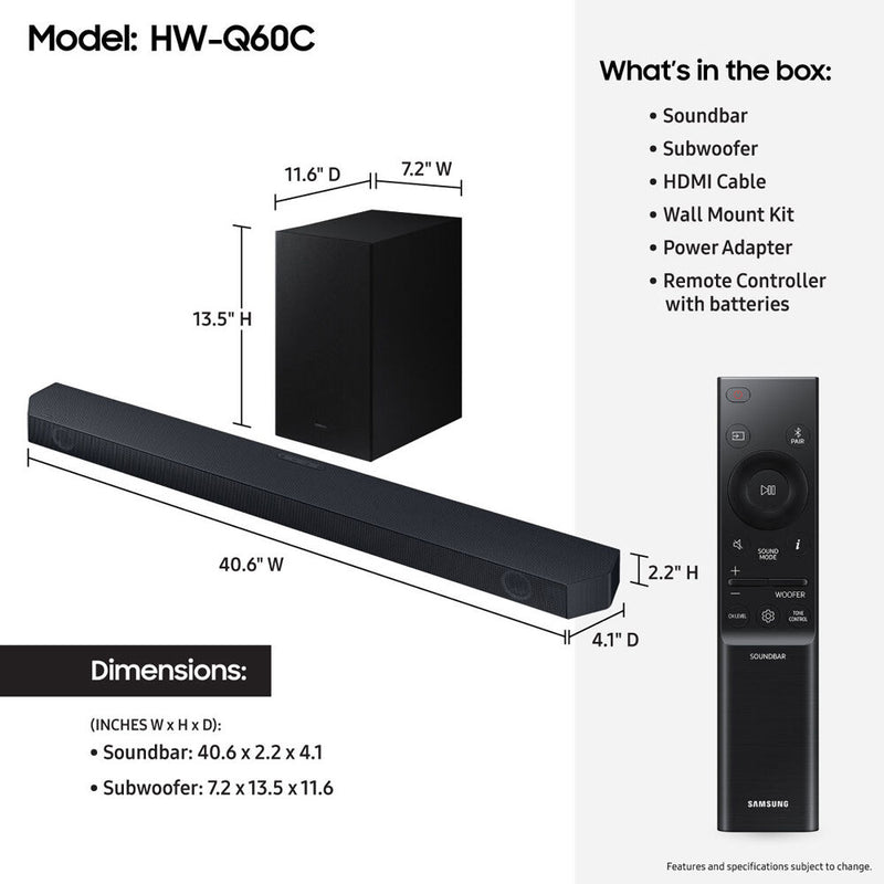 Samsung Q Series HW-Q60C 340W 3.1-Channel Dolby Atmos Soundbar System