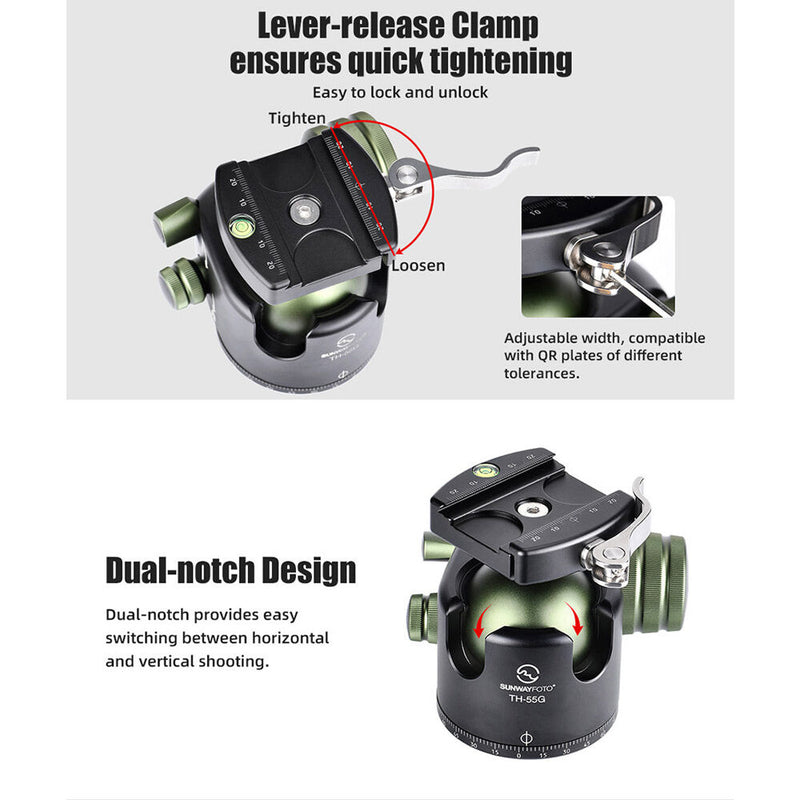 Sunwayfoto TH-55G Low-Profile Ball Head with Lever Clamp and Quick Release Plate (Green)