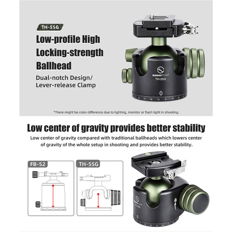 Sunwayfoto TH-55G Low-Profile Ball Head with Lever Clamp and Quick Release Plate (Green)