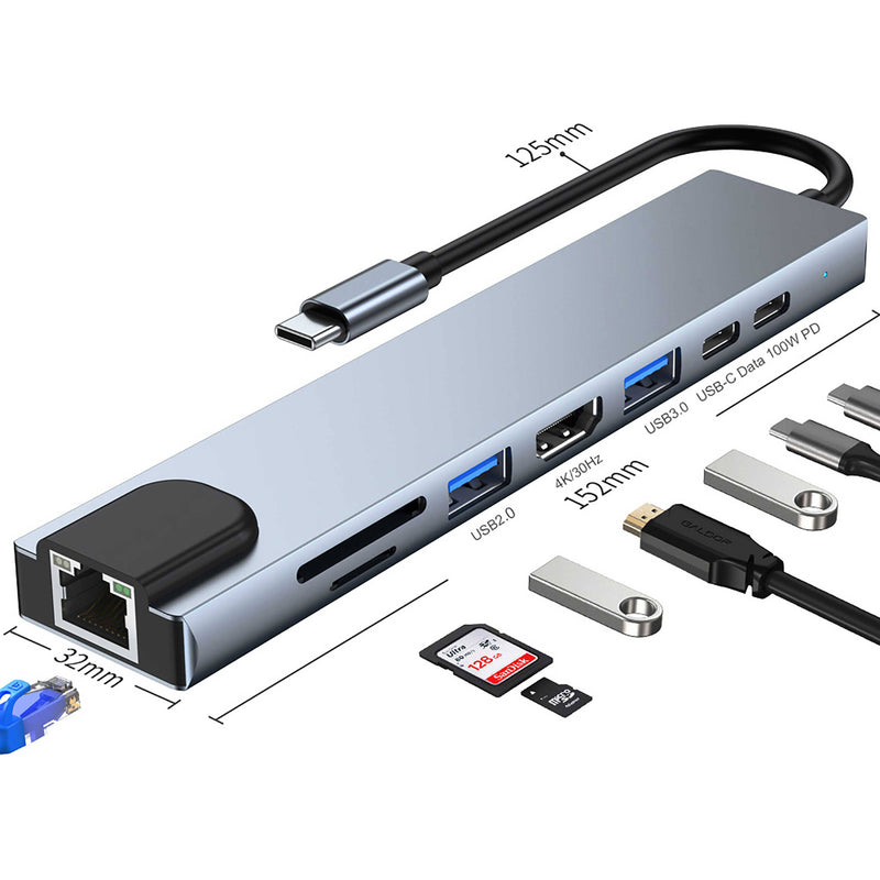 CAMVATE 8-in-1 Multiport Adapter USB-C Hub (Silver)