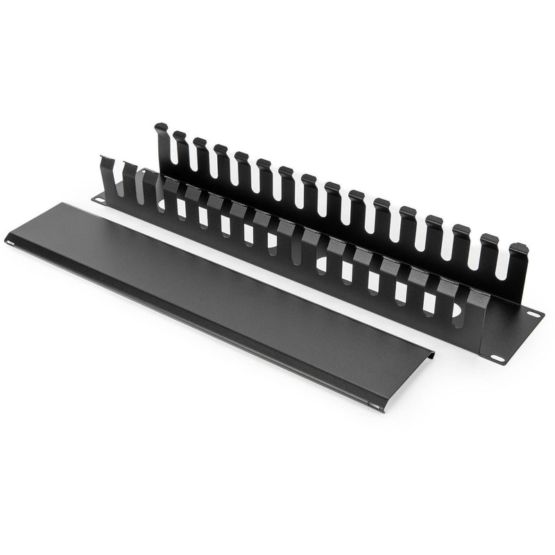 Rocstor Horizontal Finger Duct Rack Cable Management Panel with Cover for 19" Network Rack (2 RU, Black)