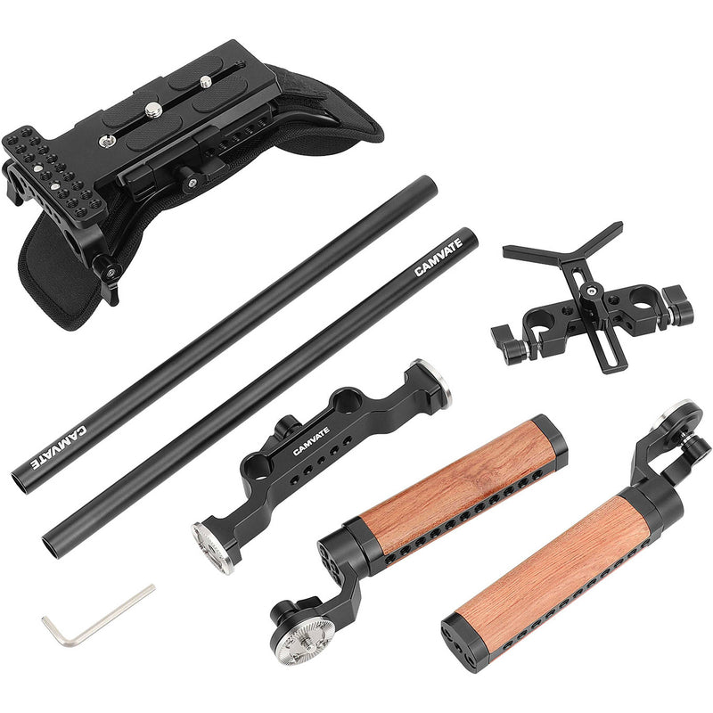 CAMVATE Shoulder Mount 15mm LWS Rig with Quick Release Plate, Lens Support & Wooden Grips