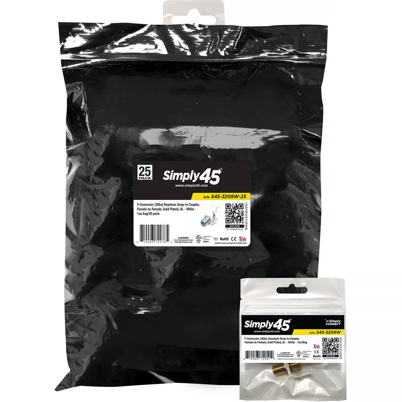 Simply45 F-Connector 3 GHz Keystone Snap-In Inserts (White, 25-Pack)