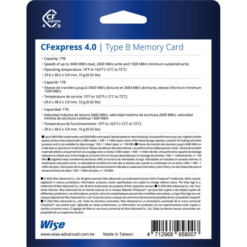 Wise Advanced 1TB CFexpress 4.0 Type B Memory Card