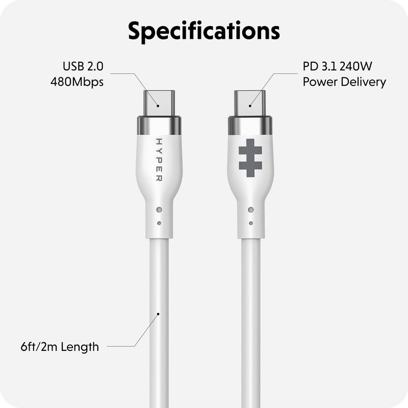 HYPER USB-C 2.0 Male Silicone 240W Charging Cable (6.6', White)