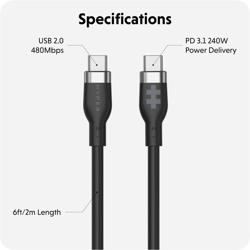 HYPER USB-C 2.0 Male Silicone 240W Charging Cable (3.3', Black)