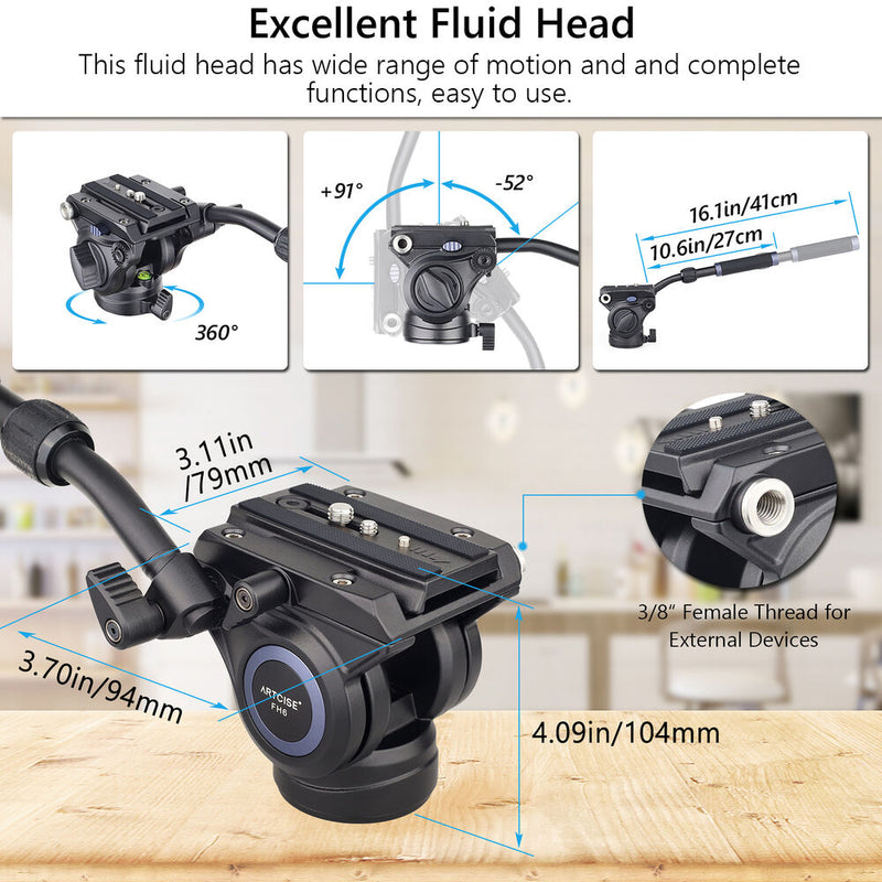 ARTCISE MF70 Heavy-Duty Aluminum Video Tripod with Fluid Head & TD1 Universal Photography Tripod Dolly