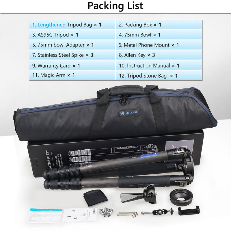 ARTCISE AS95C+MA Carbon Fiber Tripod with 75mm Bowl, Magic Arm, and Smartphone Holder