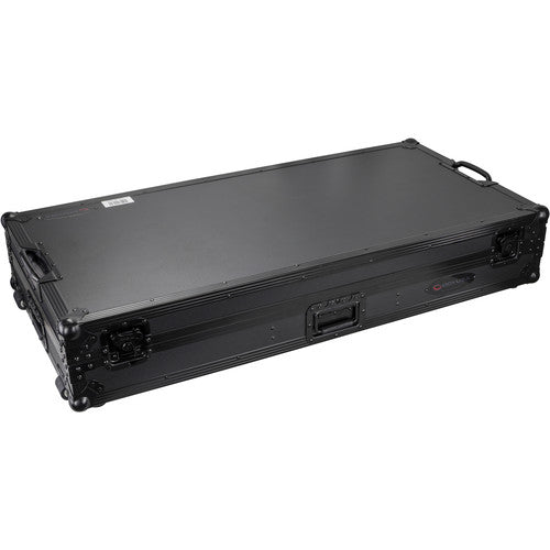 Odyssey Black Low-Profile DJ Coffin with 12" Mixer and Two Turntables, Wheels, and Glide Platform