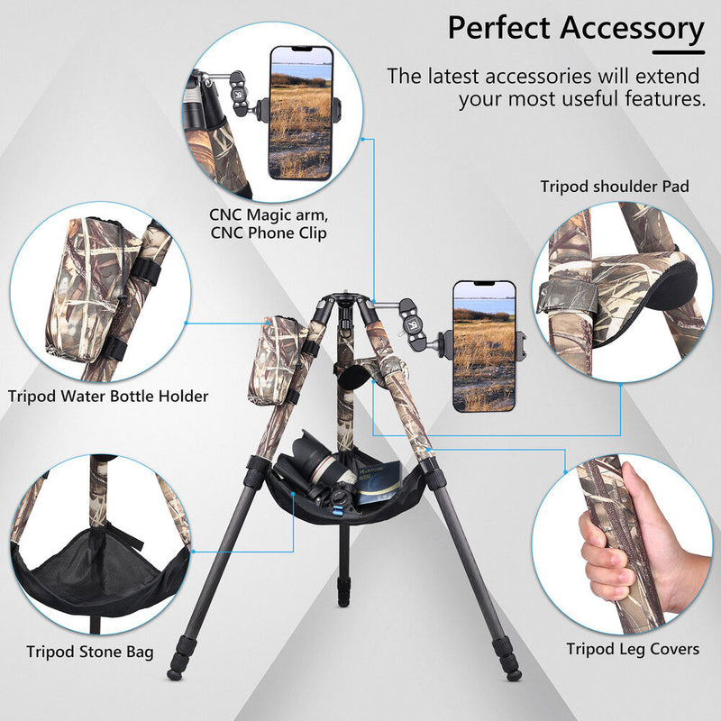 ARTCISE AS80CH Carbon Fiber Tripod with 65mm Bowl, Magic Arm, and Smartphone Holder (Camouflage)