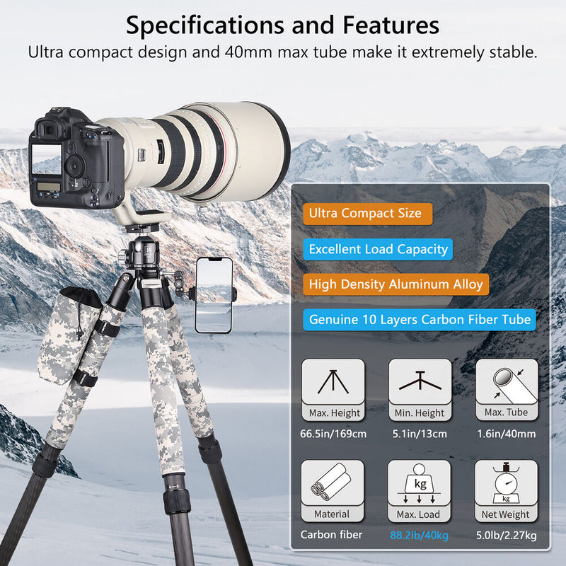 ARTCISE CS90CU Carbon Fiber Tripod with Smartphone Holder (Gray Camouflage)