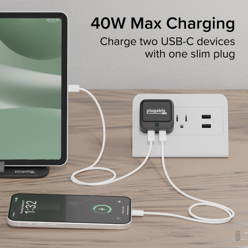 Plugable 40W Dual USB-C Wall Charger (Black)