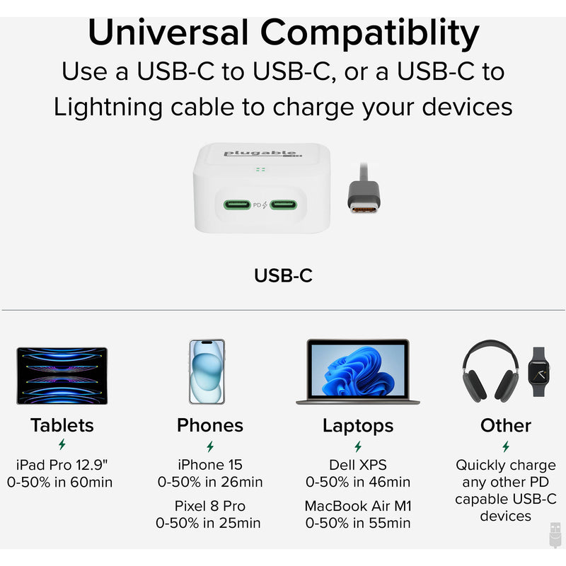 Plugable 40W Dual USB-C Wall Charger (White)