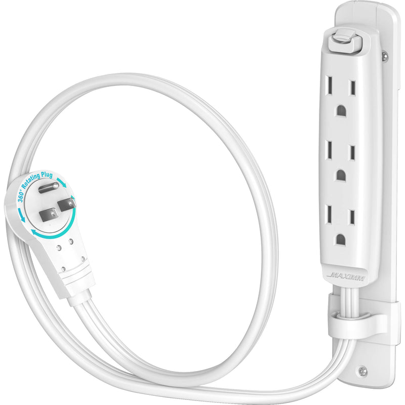 Maximm Cable 3-Outlet Power Extension Cord with 360&deg; Rotating Flat Plug (White, 1')