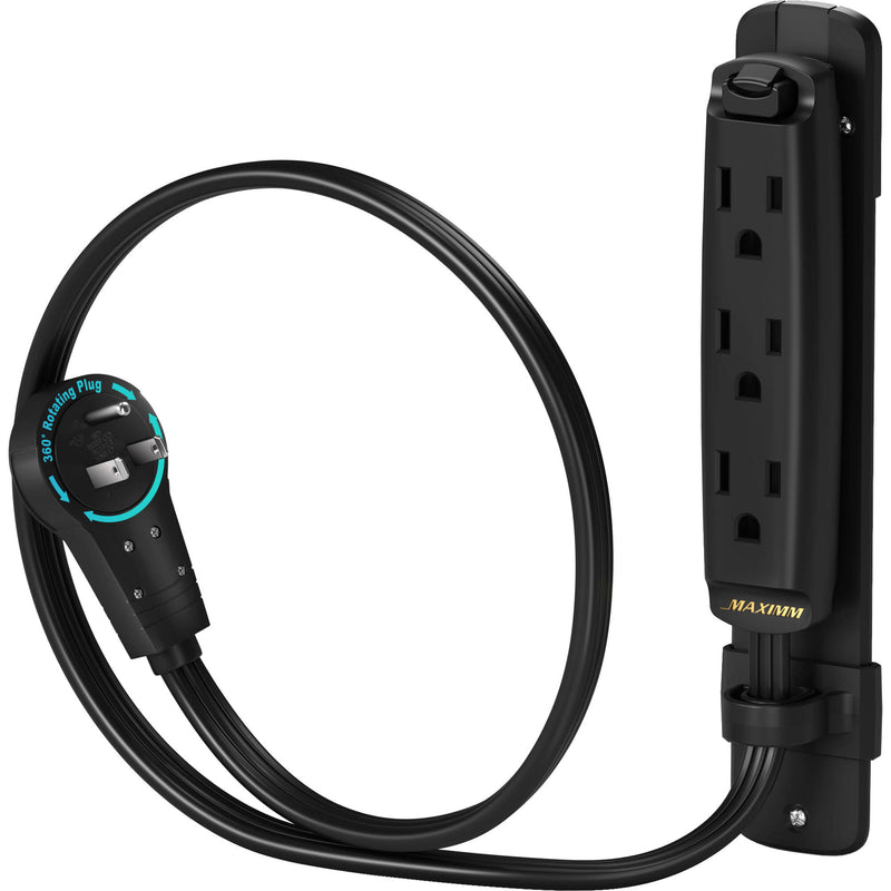 Maximm Cable 3-Outlet Power Extension Cord with 360&deg; Rotating Flat Plug (Black, 1')