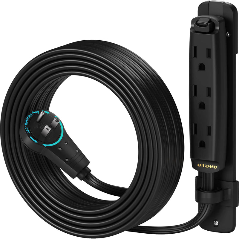 Maximm Cable 3-Outlet Power Extension Cord with 360&deg; Rotating Flat Plug (Black, 15')