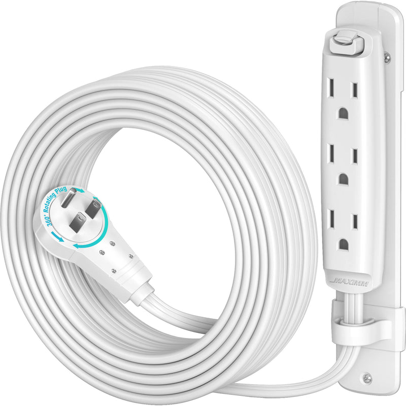 Maximm Cable 3-Outlet Power Extension Cord with 360&deg; Rotating Flat Plug (White, 15')