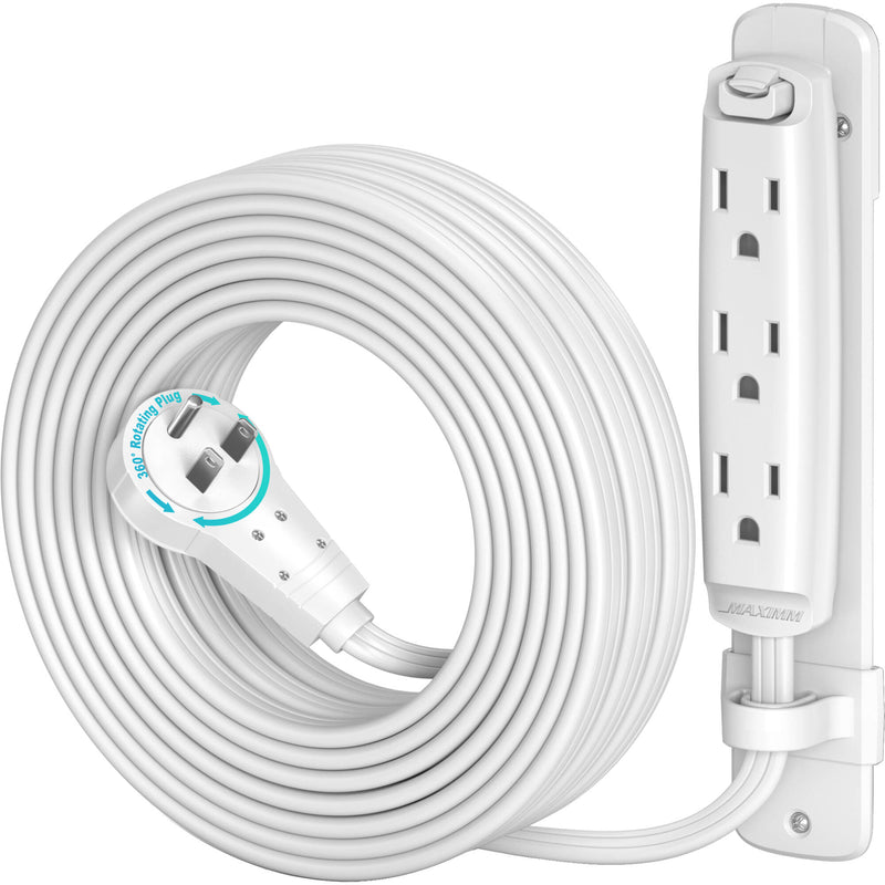Maximm Cable 3-Outlet Power Extension Cord with 360&deg; Rotating Flat Plug (White, 25')