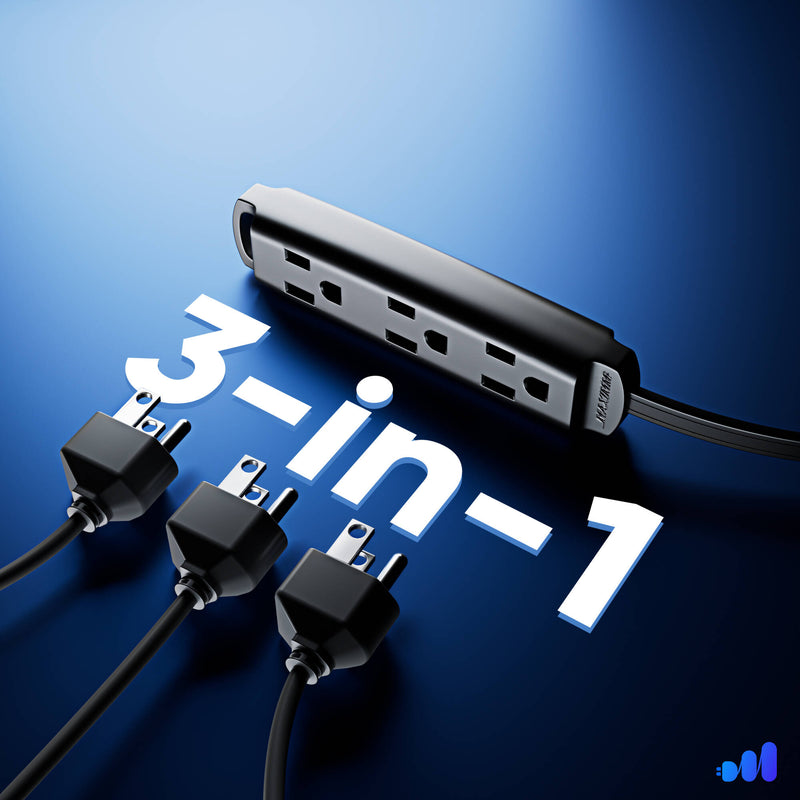 Maximm Cable 3-Outlet Power Extension Cord with 360&deg; Rotating Flat Plug (Black, 25')
