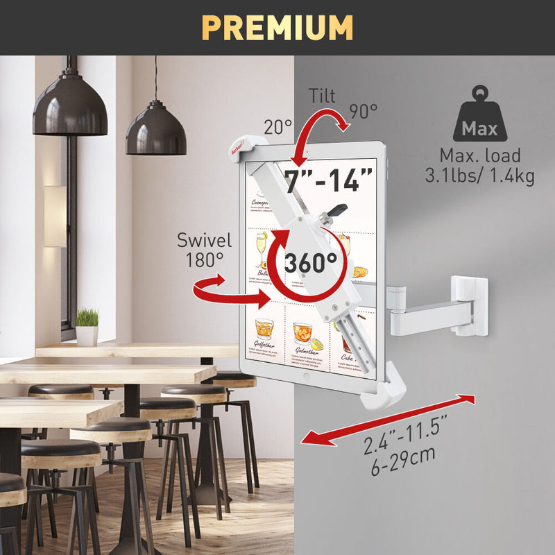 TechProtectus T72VL Barkan Full Motion 360 Rotating Anti-Theft Wall Mount for 7 to 14" Tablets (White)