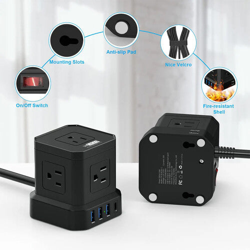 Uncaged Ergonomics Cube Surge Protector Power Strip with USB Ports (Black)