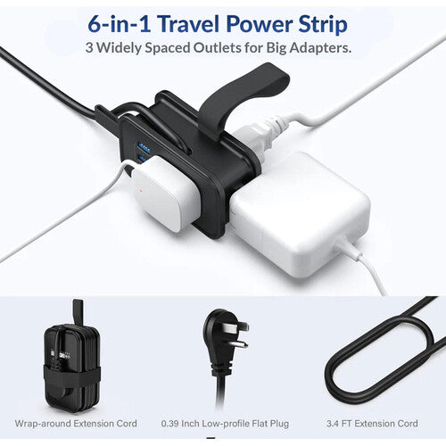 Uncaged Ergonomics 6-in-1 Travel Power Strip with USB Ports (Black)