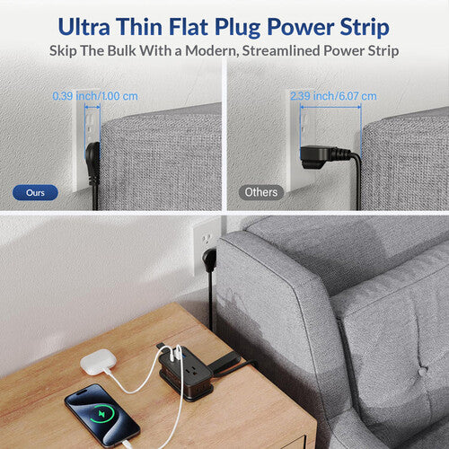 Uncaged Ergonomics 6-in-1 Travel Power Strip with USB Ports (Black)